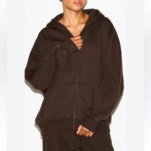 SKIMS Boxy Zip Up Fleece Hoodie Espresso Brown